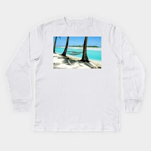 Empty hammock between two tropical palm trees in Cook Islands. Kids Long Sleeve T-Shirt